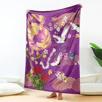 Hawaiian and Japanese Culture Together Blanket Kakau Tribal Pattern and Irezumi Art Purple Color