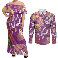 Hawaiian and Japanese Culture Together Couples Matching Off Shoulder Maxi Dress and Long Sleeve Button Shirt Kakau Tribal Pattern and Irezumi Art Purple Color