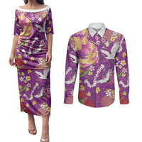 Hawaiian and Japanese Culture Together Couples Matching Puletasi and Long Sleeve Button Shirt Kakau Tribal Pattern and Irezumi Art Purple Color