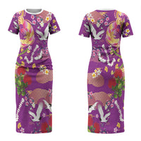 Hawaiian and Japanese Culture Together Couples Matching Short Sleeve Bodycon Dress and Long Sleeve Button Shirt Kakau Tribal Pattern and Irezumi Art Purple Color