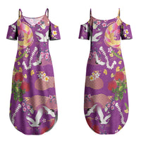 Hawaiian and Japanese Culture Together Couples Matching Summer Maxi Dress and Long Sleeve Button Shirt Kakau Tribal Pattern and Irezumi Art Purple Color