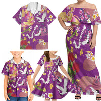 Hawaiian and Japanese Culture Together Family Matching Off Shoulder Maxi Dress and Hawaiian Shirt Kakau Tribal Pattern and Irezumi Art Purple Color