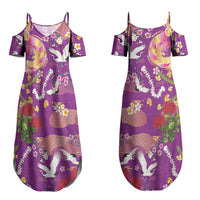 Hawaiian and Japanese Culture Together Family Matching Summer Maxi Dress and Hawaiian Shirt Kakau Tribal Pattern and Irezumi Art Purple Color