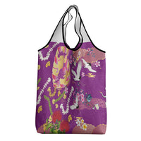 Hawaiian and Japanese Culture Together Grocery Bag Kakau Tribal Pattern and Irezumi Art Purple Color