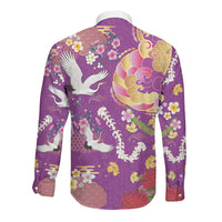 Hawaiian and Japanese Culture Together Long Sleeve Button Shirt Kakau Tribal Pattern and Irezumi Art Purple Color