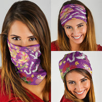 Hawaiian and Japanese Culture Together Neck Gaiter Kakau Tribal Pattern and Irezumi Art Purple Color