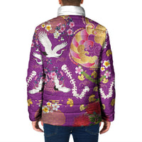 Hawaiian and Japanese Culture Together Padded Jacket Kakau Tribal Pattern and Irezumi Art Purple Color