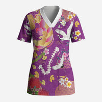 Hawaiian and Japanese Culture Together Scrub Top Kakau Tribal Pattern and Irezumi Art Purple Color
