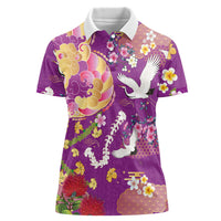 Hawaiian and Japanese Culture Together Women Polo Shirt Kakau Tribal Pattern and Irezumi Art Purple Color