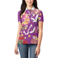 Hawaiian and Japanese Culture Together Women Polo Shirt Kakau Tribal Pattern and Irezumi Art Purple Color