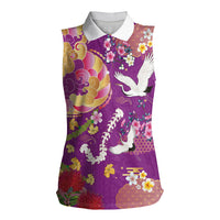 Hawaiian and Japanese Culture Together Women Sleeveless Polo Shirt Kakau Tribal Pattern and Irezumi Art Purple Color