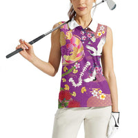 Hawaiian and Japanese Culture Together Women Sleeveless Polo Shirt Kakau Tribal Pattern and Irezumi Art Purple Color