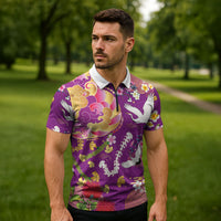 Hawaiian and Japanese Culture Together Zipper Polo Shirt Kakau Tribal Pattern and Irezumi Art Purple Color