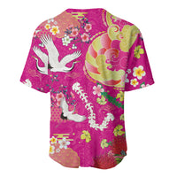 Hawaiian and Japanese Culture Together Baseball Jersey Kakau Tribal Pattern and Irezumi Art Pink Color