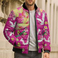 Hawaiian and Japanese Culture Together Bomber Puffer Jacket Kakau Tribal Pattern and Irezumi Art Pink Color