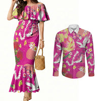 Hawaiian and Japanese Culture Together Couples Matching Mermaid Dress and Long Sleeve Button Shirt Kakau Tribal Pattern and Irezumi Art Pink Color
