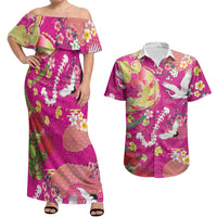 Hawaiian and Japanese Culture Together Couples Matching Off Shoulder Maxi Dress and Hawaiian Shirt Kakau Tribal Pattern and Irezumi Art Pink Color