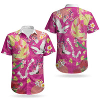 Hawaiian and Japanese Culture Together Couples Matching Off Shoulder Maxi Dress and Hawaiian Shirt Kakau Tribal Pattern and Irezumi Art Pink Color