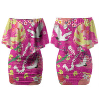 Hawaiian and Japanese Culture Together Couples Matching Off Shoulder Short Dress and Long Sleeve Button Shirt Kakau Tribal Pattern and Irezumi Art Pink Color