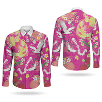 Hawaiian and Japanese Culture Together Couples Matching Tank Maxi Dress and Long Sleeve Button Shirt Kakau Tribal Pattern and Irezumi Art Pink Color