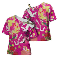 Hawaiian and Japanese Culture Together Cross Shoulder Shirt Kakau Tribal Pattern and Irezumi Art Pink Color
