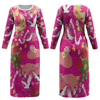 Hawaiian and Japanese Culture Together Family Matching Long Sleeve Bodycon Dress and Hawaiian Shirt Kakau Tribal Pattern and Irezumi Art Pink Color