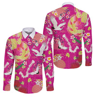 Hawaiian and Japanese Culture Together Family Matching Off Shoulder Maxi Dress and Hawaiian Shirt Kakau Tribal Pattern and Irezumi Art Pink Color