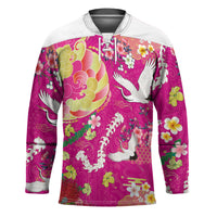 Hawaiian and Japanese Culture Together Hockey Jersey Kakau Tribal Pattern and Irezumi Art Pink Color