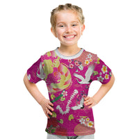 Hawaiian and Japanese Culture Together Kid T Shirt Kakau Tribal Pattern and Irezumi Art Pink Color