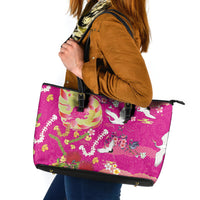 Hawaiian and Japanese Culture Together Leather Tote Bag Kakau Tribal Pattern and Irezumi Art Pink Color