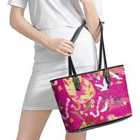 Hawaiian and Japanese Culture Together Leather Tote Bag Kakau Tribal Pattern and Irezumi Art Pink Color