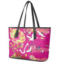 Hawaiian and Japanese Culture Together Leather Tote Bag Kakau Tribal Pattern and Irezumi Art Pink Color