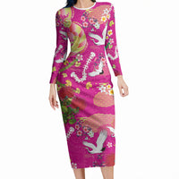 Hawaiian and Japanese Culture Together Long Sleeve Bodycon Dress Kakau Tribal Pattern and Irezumi Art Pink Color