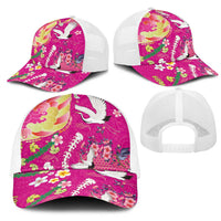 Hawaiian and Japanese Culture Together Mesh Trucker Cap Kakau Tribal Pattern and Irezumi Art Pink Color