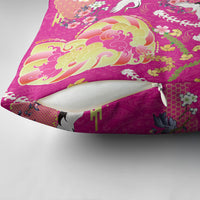 Hawaiian and Japanese Culture Together Pillow Cover Kakau Tribal Pattern and Irezumi Art Pink Color