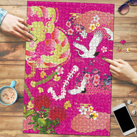 Hawaiian and Japanese Culture Together Puzzle Kakau Tribal Pattern and Irezumi Art Pink Color