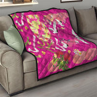 Hawaiian and Japanese Culture Together Quilt Kakau Tribal Pattern and Irezumi Art Pink Color