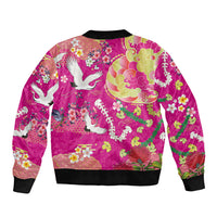 Hawaiian and Japanese Culture Together Sleeve Zip Bomber Jacket Kakau Tribal Pattern and Irezumi Art Pink Color