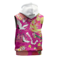 Hawaiian and Japanese Culture Together Sleeveless Zip Hoodie Kakau Tribal Pattern and Irezumi Art Pink Color