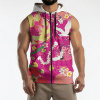 Hawaiian and Japanese Culture Together Sleeveless Zip Hoodie Kakau Tribal Pattern and Irezumi Art Pink Color