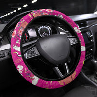 Hawaiian and Japanese Culture Together Steering Wheel Cover Kakau Tribal Pattern and Irezumi Art Pink Color