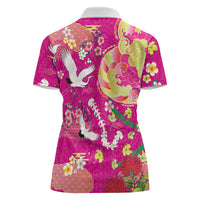 Hawaiian and Japanese Culture Together Women Polo Shirt Kakau Tribal Pattern and Irezumi Art Pink Color