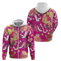 Hawaiian and Japanese Culture Together Zip Hoodie Kakau Tribal Pattern and Irezumi Art Pink Color