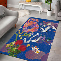 Hawaiian and Japanese Culture Together Area Rug Kakau Tribal Pattern and Irezumi Art Blue Color