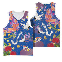 Hawaiian and Japanese Culture Together Basketball Jersey Kakau Tribal Pattern and Irezumi Art Blue Color