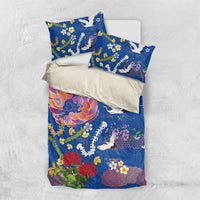 Hawaiian and Japanese Culture Together Bedding Set Kakau Tribal Pattern and Irezumi Art Blue Color