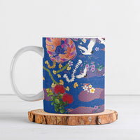 Hawaiian and Japanese Culture Together Ceramic Mug Kakau Tribal Pattern and Irezumi Art Blue Color