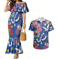 Hawaiian and Japanese Culture Together Couples Matching Mermaid Dress and Hawaiian Shirt Kakau Tribal Pattern and Irezumi Art Blue Color