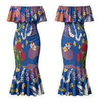 Hawaiian and Japanese Culture Together Couples Matching Mermaid Dress and Long Sleeve Button Shirt Kakau Tribal Pattern and Irezumi Art Blue Color