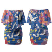 Hawaiian and Japanese Culture Together Couples Matching Off Shoulder Short Dress and Long Sleeve Button Shirt Kakau Tribal Pattern and Irezumi Art Blue Color